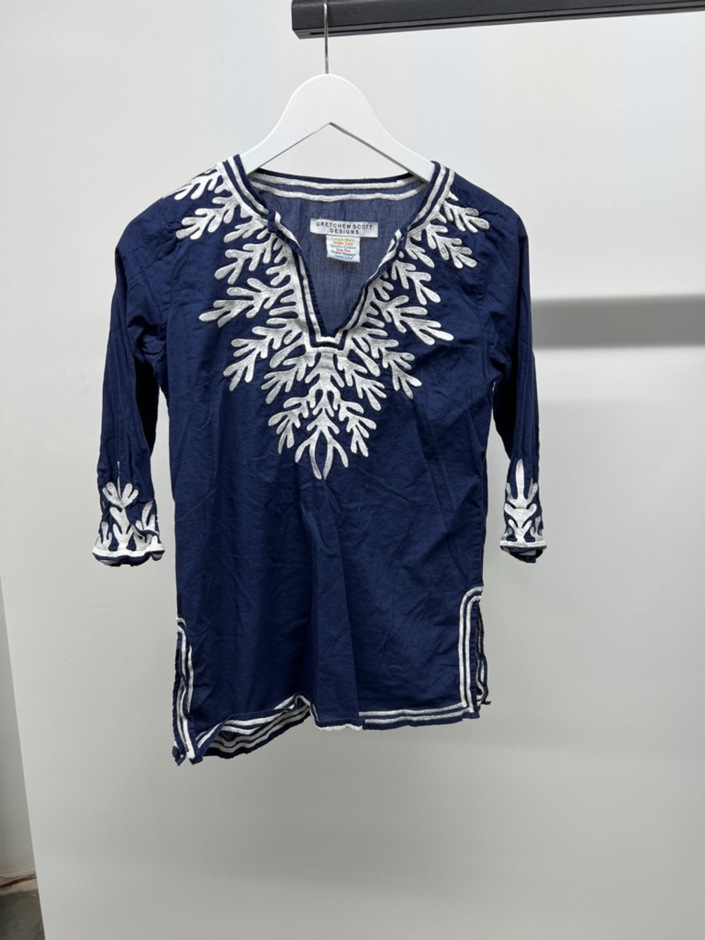 Gretchen Scott Designs Navy Tunic with White Coral Embroidery